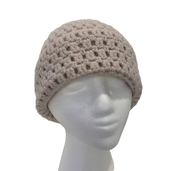 Banana Republic Beige Knit crochet Wool Beanie Hat 100% Lambswool Unisex Slouchy - Picture 5 of 11